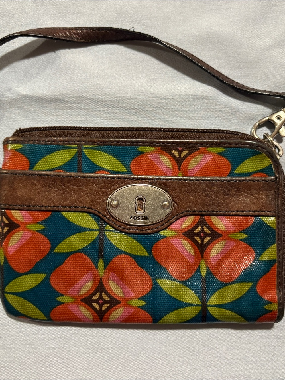 Fossil Key-Per Coated Wallet Wristlet Leather Clutch Zip Floral Teal Red Brown